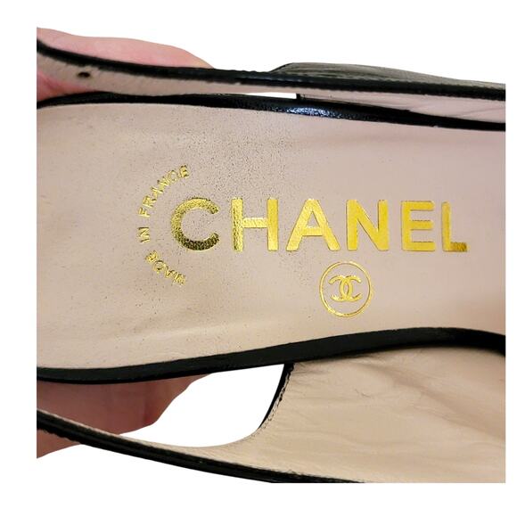 Chanel Vintage Square Toe Slingback Black CC Logo Leather Pumps Heels 6 36.5 - Picture 7 of 12